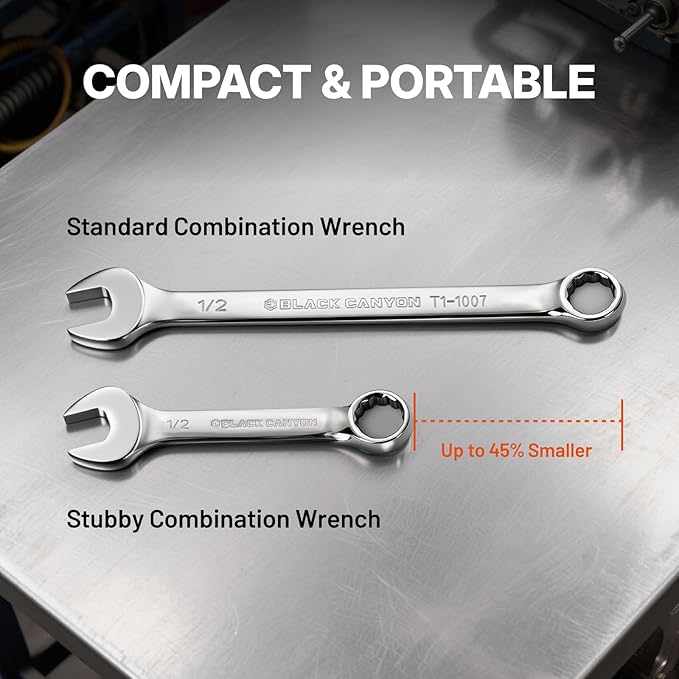 BLACK CANYON 14-Piece Metric Stubby Combination Wrench Set with Roll-Up Pouch - Cr-V Steel Chrome Finish for Tight Spaces