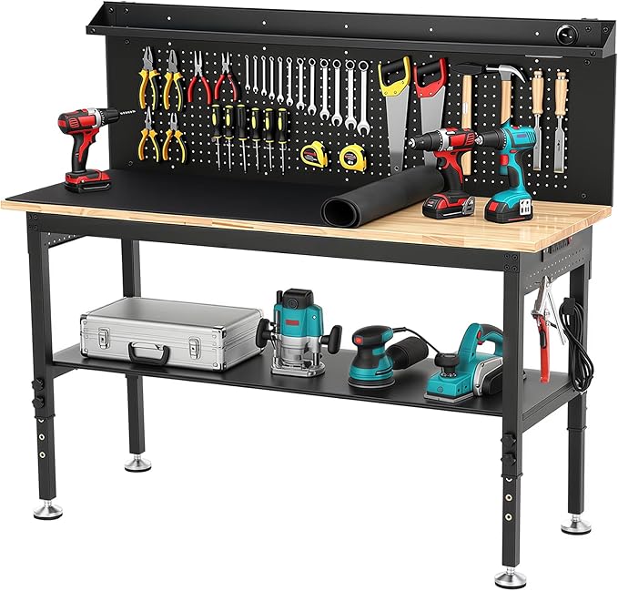 ENJOYWOOD 60'' Heavy Duty Workbench 3000 LBS Load Capacity Adjustable Height Garage Work Bench with Pegboard, Storage Shelf, Power Outlets and LED Light