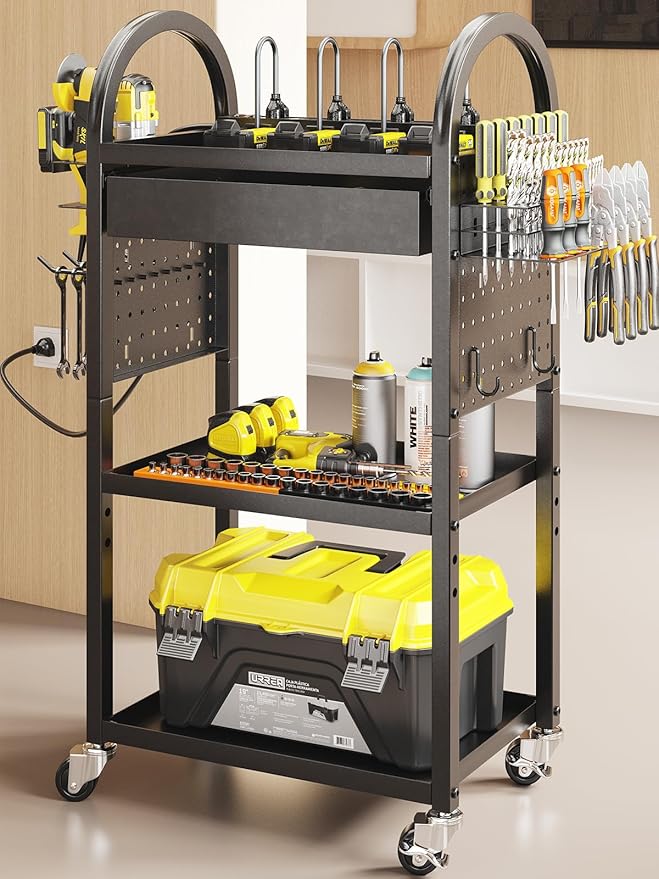 Warome Power Tool Organizer Cart, Dual-Sided Drawer Tool Storage Rack on Wheels with 8-Outlet Charging Station & Pegboard Accessaries, Utility Rolling Cart for Garage Workshop Organizers and Storage