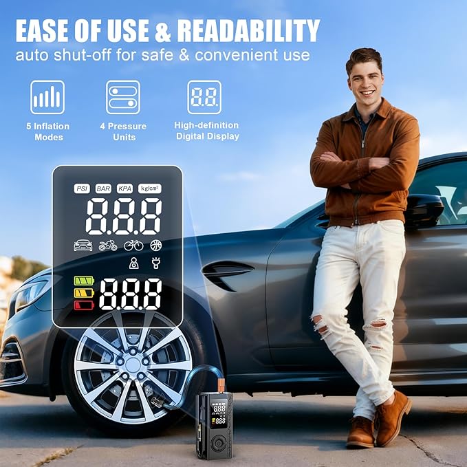 Tire Inflator Portable Air Compressor, 150PSI Cordless Air Pump For Car Tires, Bike Pump, Motorcycle, Balls with Digital Pressure Gauge, LED Light and Auto Shut-Off Function, Car Accessories, Black