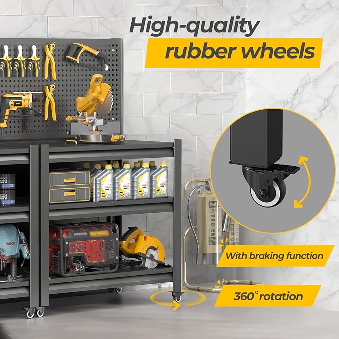 Work Bench with Pegboard,Heavy Duty Workbench with Wheels Adjustable Shelves,Tool Cart,Work Table for Garage Warehouse47.2 H*33.46" W*18" D