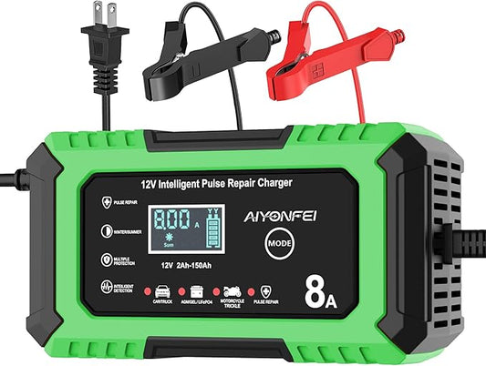 12V 8A Battery Charger, Smart Trickle Charger & Battery Maintainer, Desulfator, Temperature Compensation for LiFePO4, Lead Acid, AGM, Gel, EFB, VRLA, Car, Truck, Motorcycle, Boat (Green)