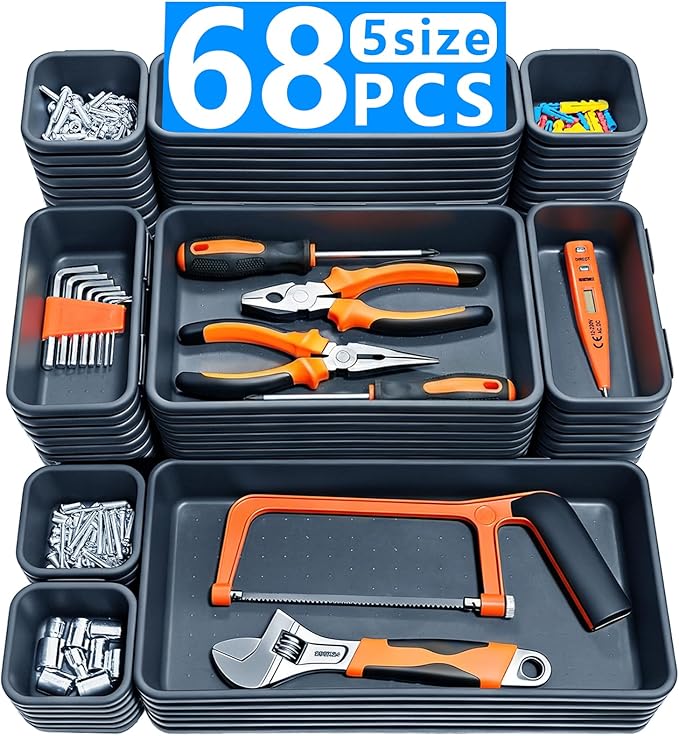 68PCS Tool Box Organizer, 5 Size Toolbox Drawer Organizer Tray, Desk Drawer Organizers, Garage Organization for Tool Chest Workbench Small Parts Widget