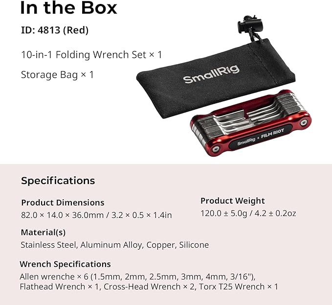 SmallRig x FILM RIOT 10-in-1 Folding Tool Set with Screwdrivers and Hex Key Wrenches, Multiple Angle Positioning, Portable and Compact Design (Red) - 4813