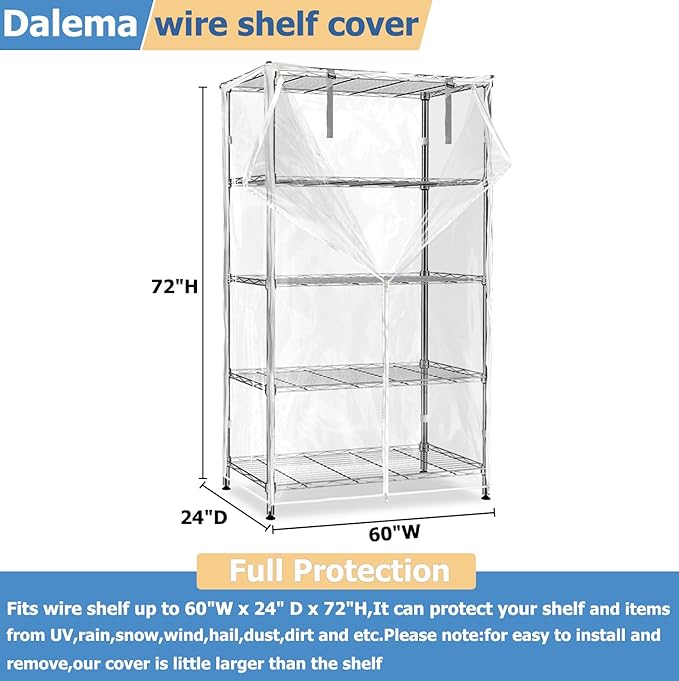 Waterproof Shelf Cover,Durable Dustproof Storage Wire Rack Covers,Outdoor Shelving Covers for Wire Shelves with Zipper 60''x24''x72'',Clear