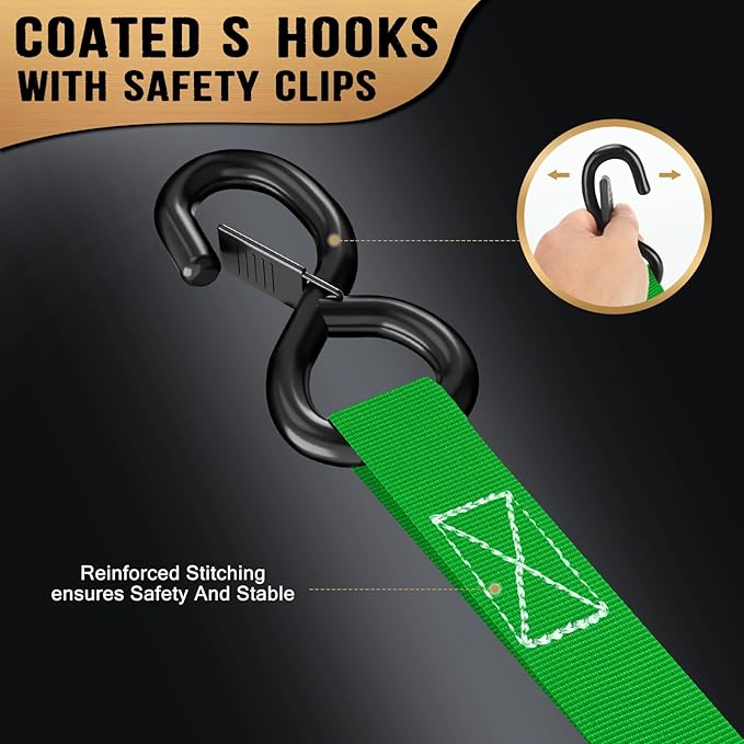 10FT Retractable Ratchet Straps(2-Pack) - 1 Inch (1800 LB Break Strength) Heavy Duty Self Retracting Ratchet Straps with Soft Loops & Storage Bag for Household, Motorcycle, Truck, ATV(Green)