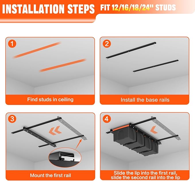 TORACK Garage Ceiling Bin Storage Rack, Overhead Tote Storage Rail System Heavy Duty Adjustable Tote Slide Rails Garage Bins Storage System(Black, Bins are not included)