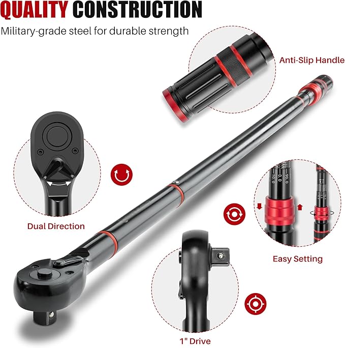 1-Inch Drive Click Torque Wrench - 200-1300 Ft-Lb/271-1762.5Nm, Dual-Direction Adjustable 24 Tooth Torque Wrench, Accuracy 3% for Car, Truck, Tractor, Maintenance and Product Assembly