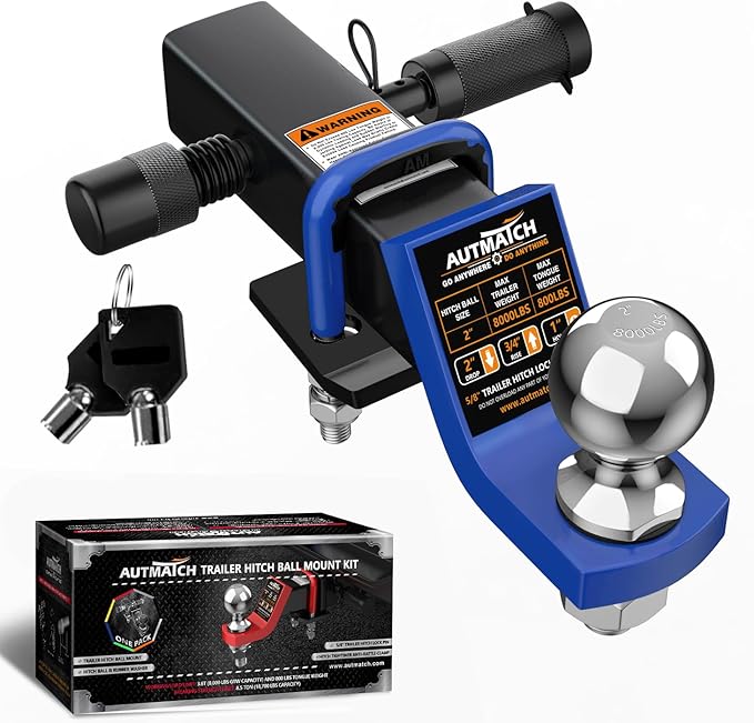 AUTMATCH Trailer Hitch Ball Mount with 2 Inch Hitch Ball - Fits 2" Receiver with Hitch Tightener, 8000Lbs Capacity Ball Hitch, 2-Inch Drop with 5/8" Hitch Lock Pin, Blue & Black