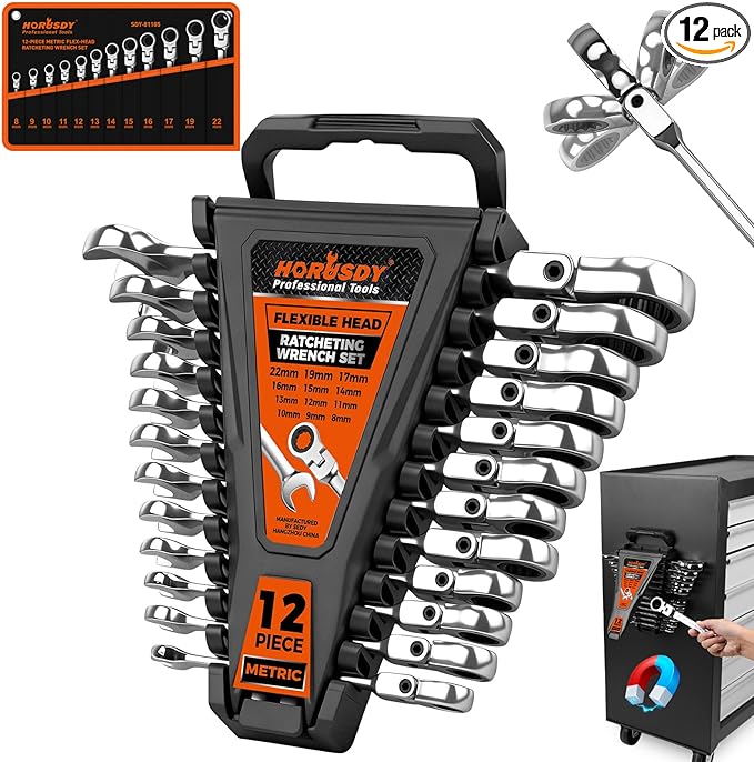 HORUSDY 12-Piece Metric Flex-Head Ratcheting Wrench Set 8-22mm, CR-V Ratchet Combination Wrenches with 72T 180° Flex Head, Magnetic Holder & Tool Bag for Auto, Motorcycle, Home & Repair