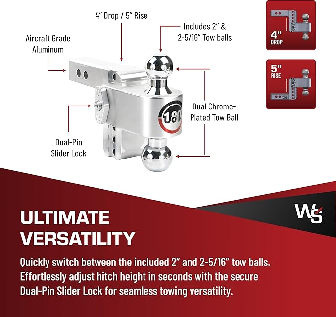 Weigh Safe Adjustable Trailer Hitch Ball Mount - 4" Adjustable Drop Hitch for 2" Receiver - Premium Heavy Duty Aluminum Trailer Tow Hitch w/Chrome Plated Tow Balls (2" & 2 5/16") - 12,500 lbs GTW