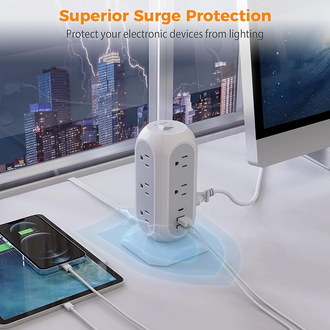TESSAN Tower Power Strip Flat Plug with 11 Outlets 3 USB (1 USB C), Surge Protector Tower 1625W/13A,1050J Protection, 10 Feet Extension Cord with Multiple Outlets, Dorm, Office Desk Supplies, Grey
