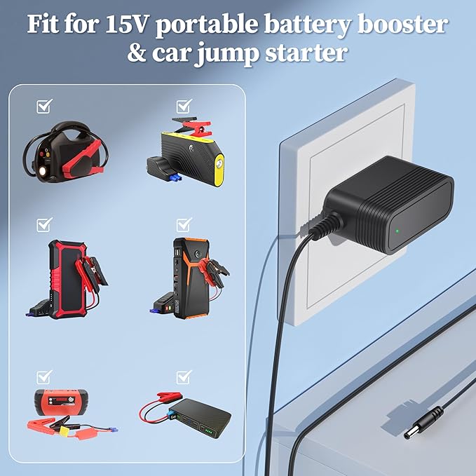 15V 1A Charger for Car Jump Starter Power Supply for Peak 450A 500A 600A 800A 1000A Peak AC Adapter for Auto Battery for Booster for TACKLIFE T6 for DBPOWER DJS50 for GOOLOO Jump Starter JATERSERN