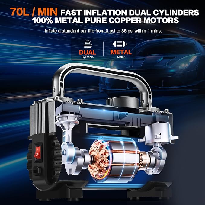GSPSCN 6X Faster Inflation Tire Inflator Heavy Duty Double Cylinders with Portable Bag- Car Accessories，Metal 12V Air Compressor Pump 150PSI with Adapter for Car, Truck, SUV Tires, Dinghy, Air Bed