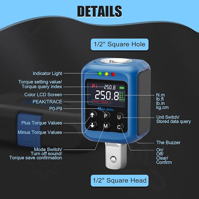 Digital Torque Adapter 1/2", 3.7-250.8 Ft-lb/5-340 Nm, Digital Torque Wrench Converter with ±2% Accuracy, Buzzer and LED Indicator, 2 Modes, 4 Units, 3/8'' & 1/4'' Adapters for Car, Moto