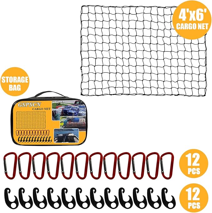 GSPSCN Cargo Net 6' x 4' for Truck Pickup Bed, Trailer,Boat,RV SUV Stretches to 12'x18' Max Roof Rack Net,Small 4”x4” Mesh Heavy Duty Bungee Cord Netting Compatible with Dodge Ram,Chevy Ford,Toyota