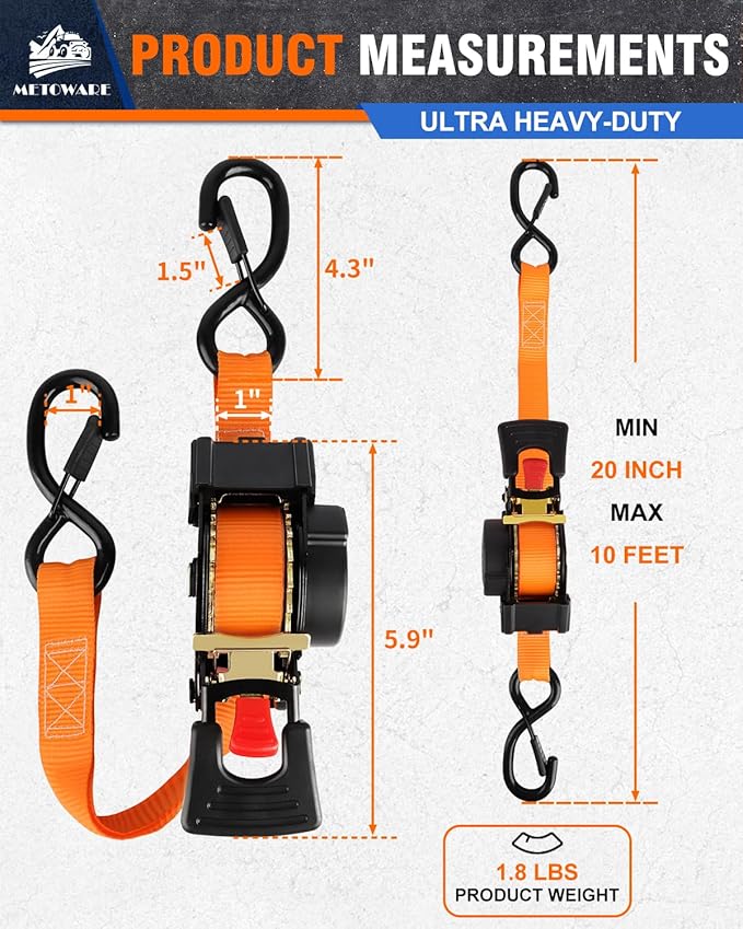 METOWARE Retractable Ratchet Straps (2-Pack) - 1 in x 10 Ft (1500lb Break Strength) - Heavy Duty Auto Self Retracting Tie Down Straps for Truck, Trailer, Cargo Van, Motorcycle - Orange