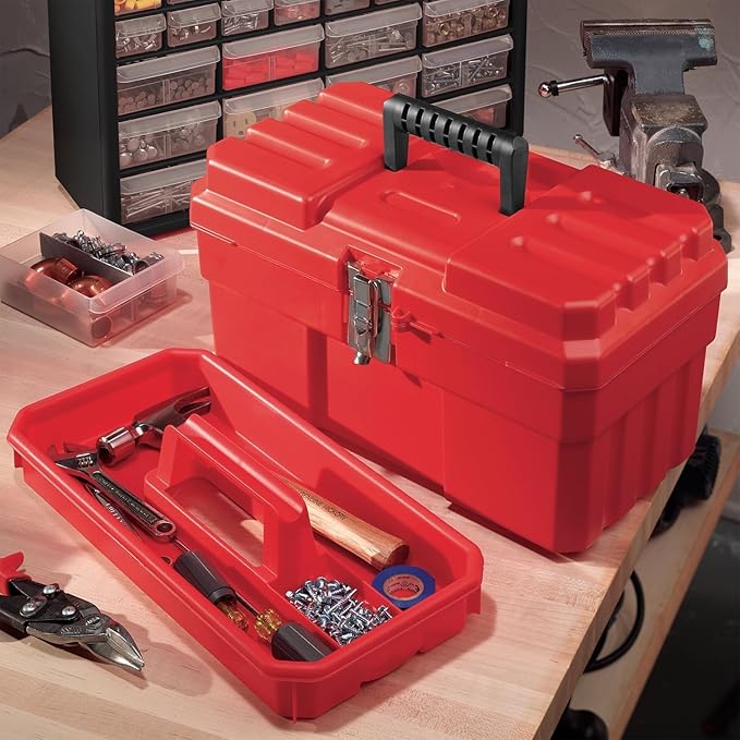 Akro-Mils 09514 ProBox 14-Inch Plastic Toolbox for Tools, Hobby or Craft Storage Toolbox with Removable Tray, 14-Inch x 8-Inch x 8-Inch, Red, 6-Pack