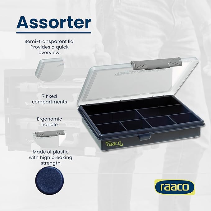Raaco Assorter Tool Box Organizer – Compact – 7 Slots Fixed Grid with Semi-Transparent Lid, Polypropylene (PP) Storage Box for Screws, Nuts and Bolts, Small Parts & Hardware (Assorter 6-7)