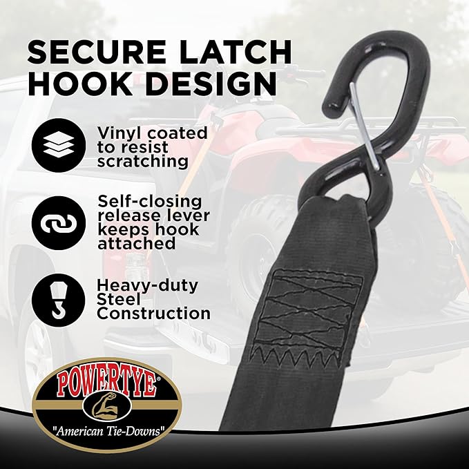 PowerTye - 2 inch x 10ft Long Retractable Ratchet Tie Down Strap with Latch-Hooks - Self-Retracting Ratchet, 800 lb W.L.L., Ideal for Motorcycle, ATV, Cargo, Includes Bag & Soft-Tyes, Black (Pair)