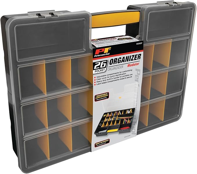 Performance Tool W54037 26 Adjustable Compartment Hardware Organizer Box With Dividers - Durable Plastic Screw Organizer For Nuts, Bolts, Screws, Nails, and Small Hardware