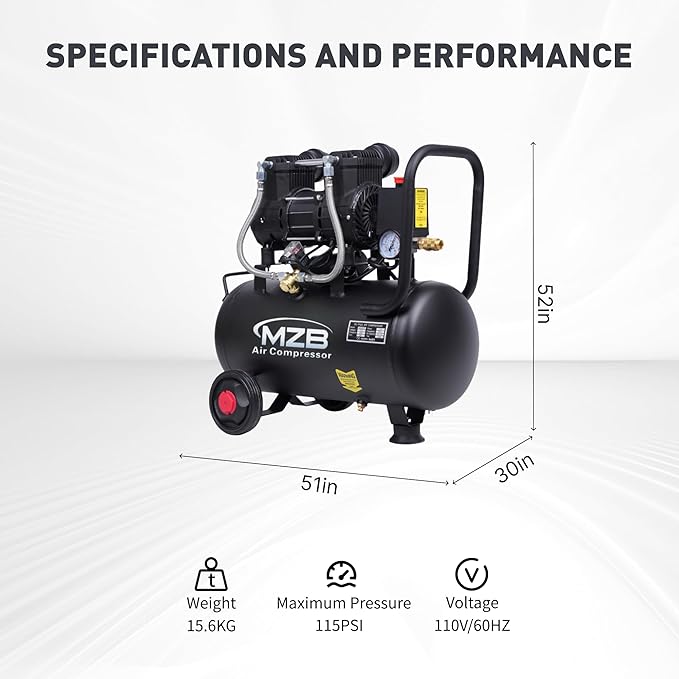 MZB 6.4 Gallon Ultra Quiet Air Compressor 110V/60Hz Steel Tanks Oil-Free 70dB Noise Level Air Compressor with Wheels for Spray Painting, Auto Repair, Carpentry Decoration