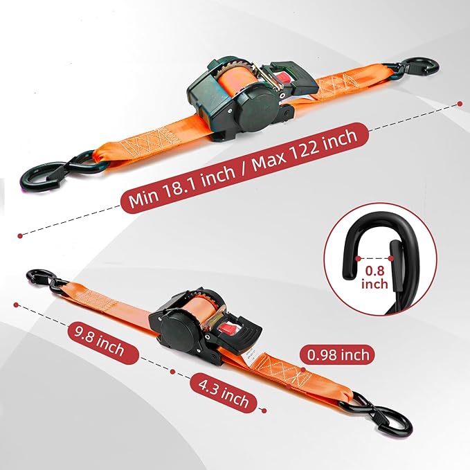 Retractable Damped Ratchet Tie-Down Straps 1800 lbs, 1in × 10ft Self-Retracting Ratchet Straps with Dampers, Heavy Duty S-Hooks, Auto Retract Strap System for Cargo, Trucks, Trailers, 2 Pack, Orange