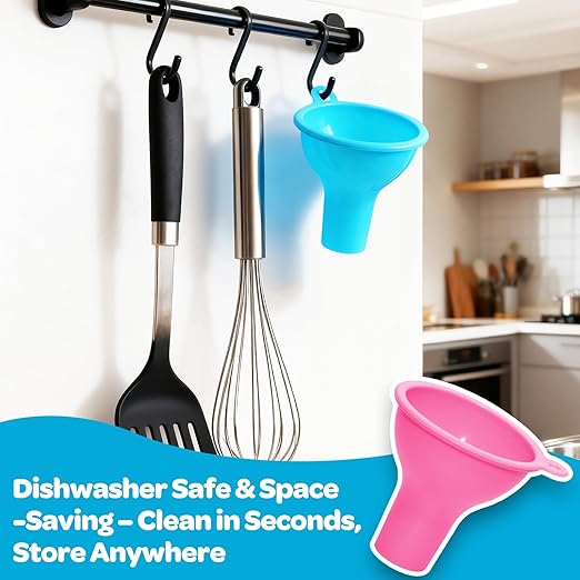 6-Piece Colorful Silicone Funnel Set for Kitchen & Cooking - Flexible Liquid & Powder Funnel with Hang Holes, 2.76" Pour Spout & 0.98" Bottle Neck Fit (Blue, White, Pink, Red, Green, Orange)