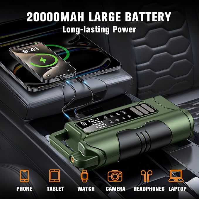 Jump Starter with Air Compressor,5000A Car Battery Jumper Starter, 16000mAh Battery Jumper Starter Portable for 10L Gas/Diesel Engine with 160PSI Booster,LED Display & Light,Jumper Cables