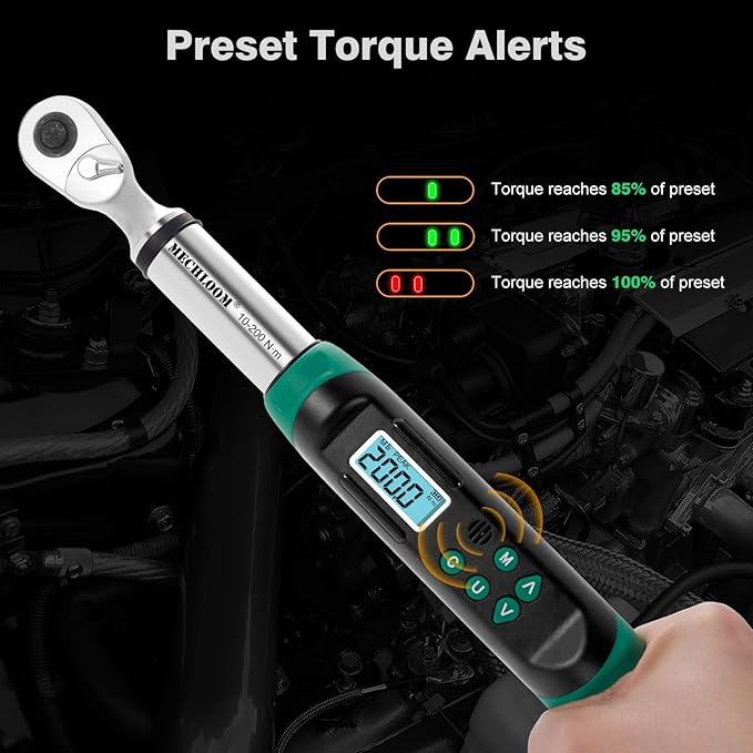 Digital Torque Wrench 1/2 Drive, 7.4–147.5 Ft-lbs / 10–200 N·m, ±2% Accuracy, Dual-Direction Ratchet, Electric Torque Wrench with Buzzer & LED Indicator for Bike, Motorcycle, Auto Repair