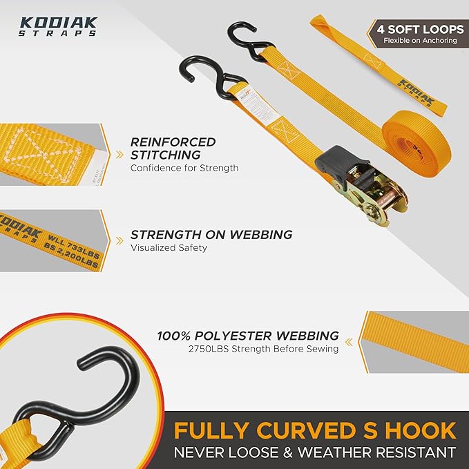 KODIAK STRAPS Ratchet Straps Heavy Duty Tie Down Strap Set 2200 Break Strength – 1" x 17' 4pk with Soft Loops Cargo Truck Bed Tie Downs – Coated Deep S-Hook & Carry Bag for Moving, Securing Cargo