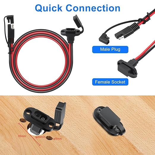 Linkstyle 2PCS SAE Quick Connector Harness, 3.3FT 10AWG Waterproof SAE Extension Cable Male to Female Plug, Side Wall Connection Power Socket, for Solar Panel, Generator, Battery Charger