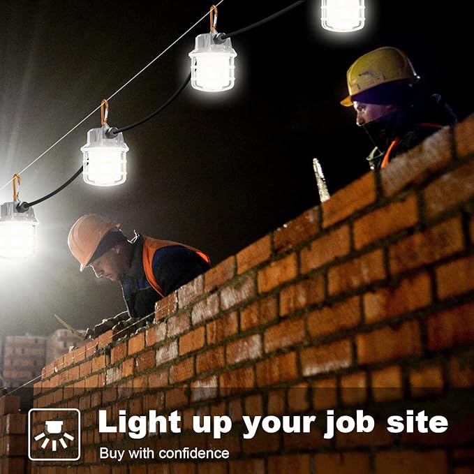 NS 50FT Construction String Lights 75W 7500LM LED String Work Lights Industrial Grade Best for Construction Sites, Renovation, Mine cave,Patio,Walkways and Other Outdoor Lighting