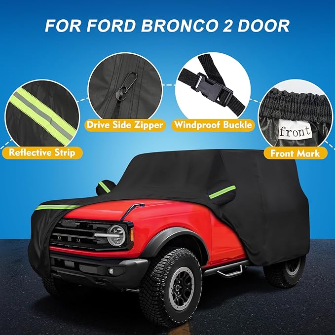 QUNSUNUS Car Cover for Bronco 2 Door/Sport 2021-2025, Waterproof Bronco Car Covers with Cotton Lining, All Weather Cover with Straps and Zipper for Wind, Sun and Dust Protection