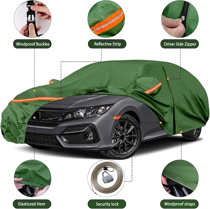 Waterproof Car Covers Replace for 2011-2025 Honda Civic, Multilayer Heavy Duty with Cotton Liner All Weather Custom-fit Car Cover with Zipper Door, Windproof Bands for Snow Rain Dust Protection