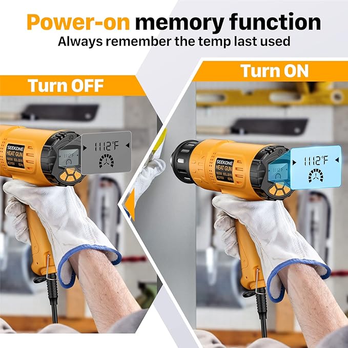 Heat Gun, SEEKONE 1800W Hot Air Gun Kit with Large Digital LCD Display Variable Temperature (122°F-1112°F) Memory Settings and 4 Nozzles for Paint Remover/Stripper, Home Improvement/Restoration