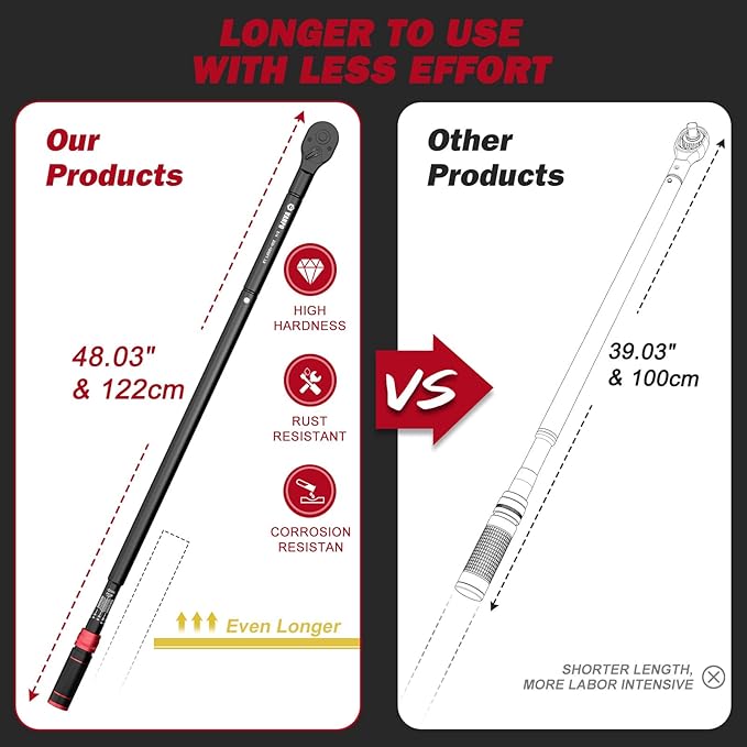 VANPO 3/4-inch Drive Click Torque Wrench, 200-1000 Ft-Lb/271-1355 Nm, 48.03'' Length, 48-Tooth Click Torque Wrench with a Hex Key, Precision Mechanic Tools for Oil Rigs, Trucks & Wind Turbines