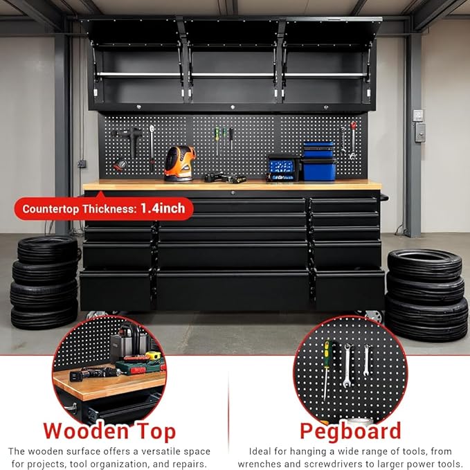 72-inch Rolling Tool Chest Cabinet Garage Workbench with 15 Storage Drawers and Wheels, 3 Upper Cabinet, Pegboard, Steel Large Tool Box for Garage Workshop, Matte Black