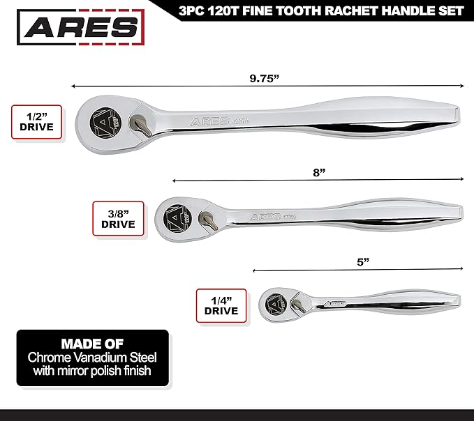 ARES 42067 – 120 Tooth Ratchet Set – 1/4-Inch, 3/8-Inch, and 1/2-Inch Drive - 3 Degree Swing Arc – Reversible Ratcheting Mechanism - Ergonomic Handle and Professional Gear Structure