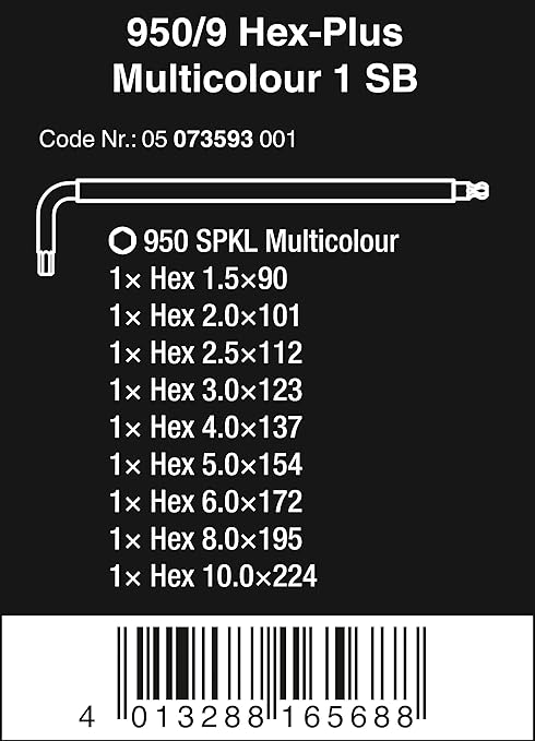 Wera 8100 SB 6 SPEED 3/8 29 PC 3/8" DRIVE METRIC & Tools 05073593001 950 SPKL/9 SM N SB Long ARM HEX Key Set, One Size, Multi