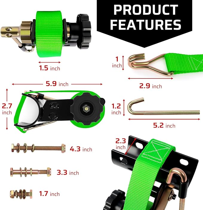 Green Rack Straps with J-Hook (2PK),1.5" x7.5' Ladder Rack Ratchet Straps, 2" Round Tube Mount, Perfect Ladder Rack Tie-Downs for Trailer Cargo Control