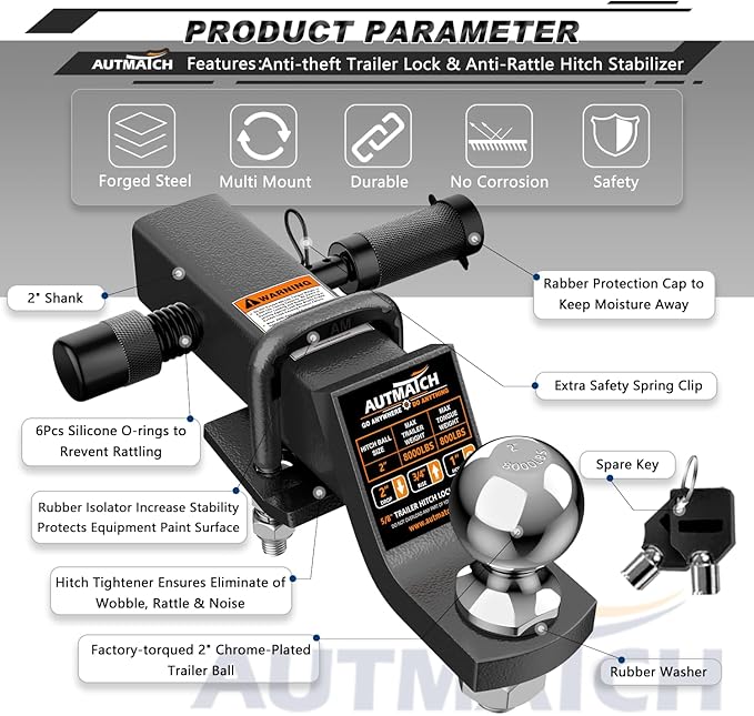 AUTMATCH Trailer Hitch Ball Mount with 2 Inch Hitch Ball - Fits 2" Receiver with Hitch Tightener, 8000Lbs Capacity Ball Hitch, 2-Inch Drop with 5/8" Hitch Lock Pin, Gunmetal