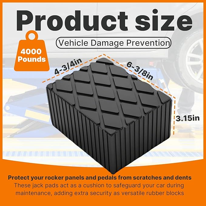 4 Pack 6-3/8" x 4-3/4" x 3.15" Solid Rubber Auto Lift Block Pads, Heavy-Duty Rubber Blocks for Car Lift Pads, Lift Blocks, Camper Stabilizer Jack Pads-Anti-Slip Texture,4000lb Capacity