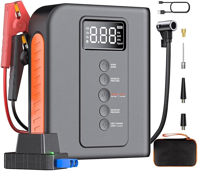 Battery Jump Starter with Air Compressor for Car, 10000mAh Portable Power Pack 150PSI Tire Inflotor, USB Charge, LED Light, for All Gas and Up to 8L Diesel Engines Jumper Box