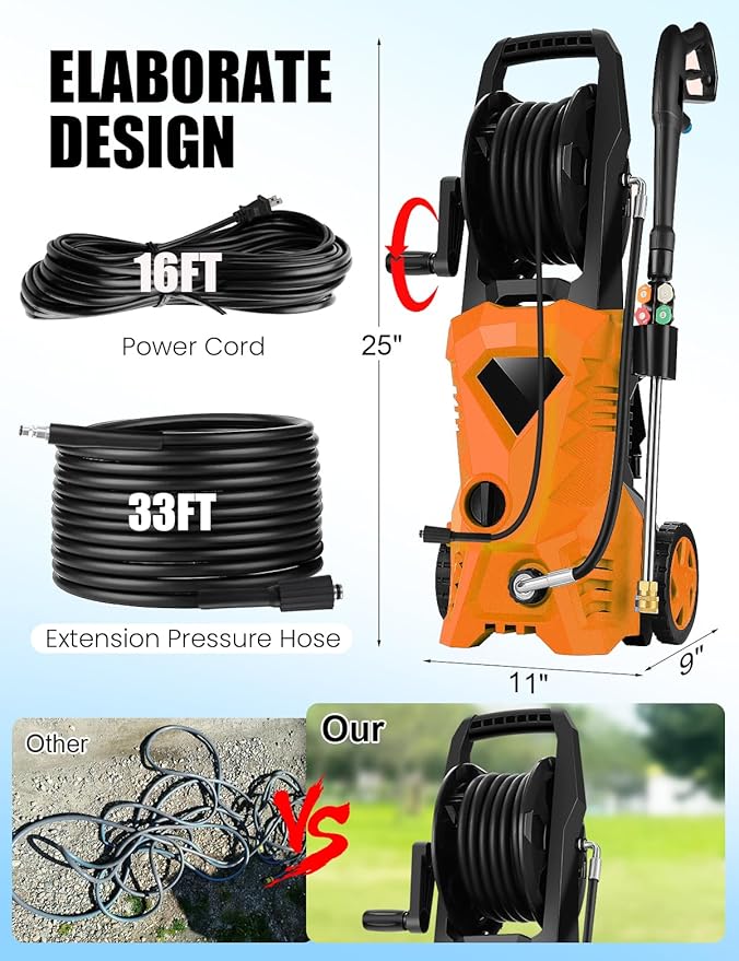 5000PSI Electric Pressure Washer - 2025 New Power Washer with Upgraded 33ft Pressure Washer Hose Reel, Foam Cannon, 4 Nozzle Set, Power Washer for House/Patios/Car/Fence, Orange