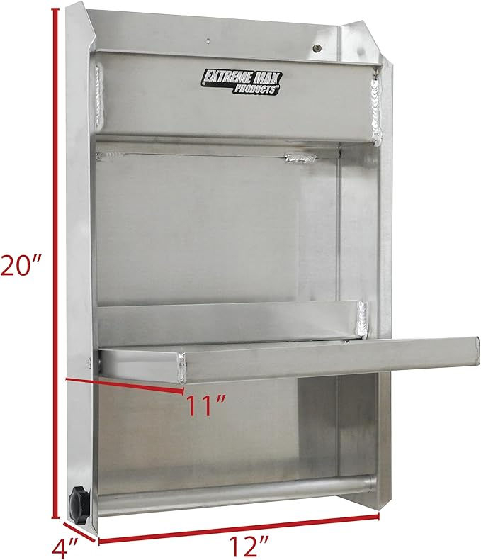 Extreme Max 5001.6053 Junior Aluminum Work Station Storage Cabinet Flip-Out Work Tray with Paper Towel Rack Organizer for Enclosed Race Trailer Shop Garage Storage,Silver