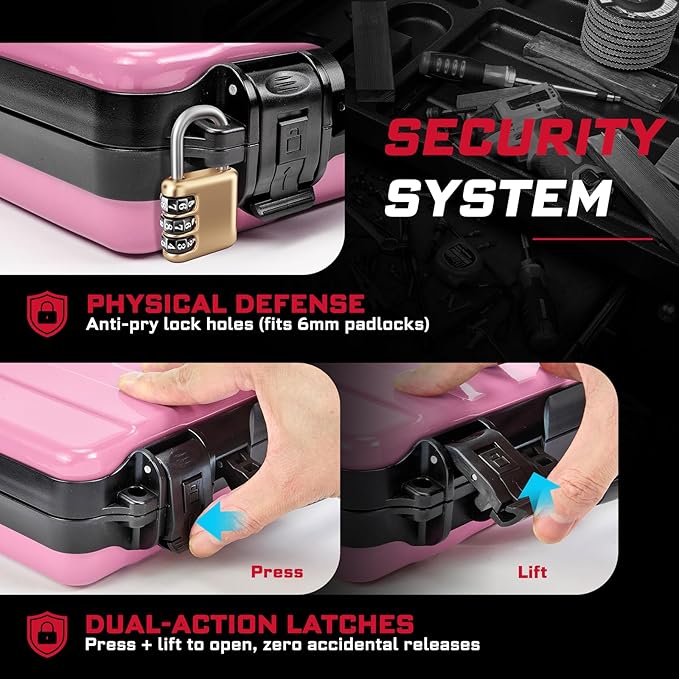 Geinxurn 11”Pink Tools Box, Portable Steel Heavy-duty Tool Case with Safety Latch and Handle for Tools Storage and Organizers, Home DIY