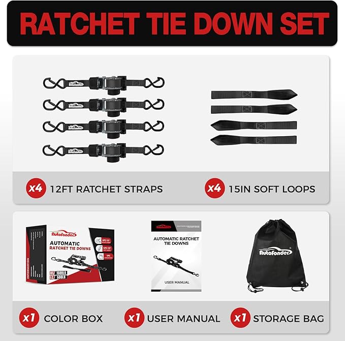 Retractable Ratchet Straps with Soft Loops (4 Pack)-(1,500lb Break Strength)-1 Inch x 12 Feet Heavy Duty Auto Self Retracting Tie Down Strap for Truck, Cargo Trailer, Motorcycle, Rad & More