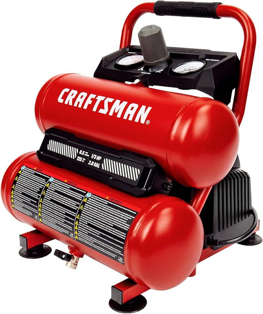 Craftsman 2-Gallon Air Compressor, 1/3 HP Oil-Free Twin Tank, 125 PSI Max – Portable & Quiet Air Tool for Home DIY, Tire Inflation, Nailing & Spray Painting, Compact for Easy Storage