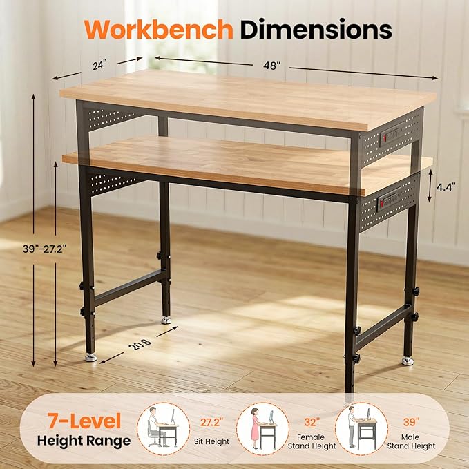 48" Adjustable Heavy Duty Workbench - 2000LBS Load Capacity Wood Work Table with Power Strip, Pegboard with 6 Hooks - Ideal Workbench for Garage, Workshop, Office, Home, Commercial Use